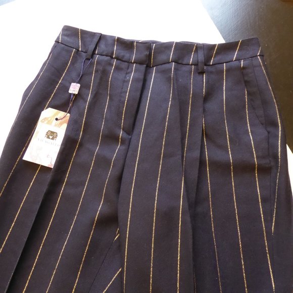 Vilagallo Wool Navy Gold Pin Stripe Front Pleat w/Cuffs Pant EU 38 USA 6 Women's - Picture 7 of 14
